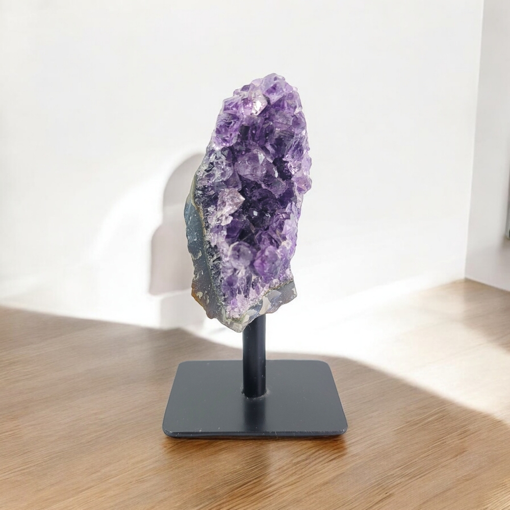 Brazilian Amethyst Crystal Stone Purple Cluster on Black Stand Home Decor Altar